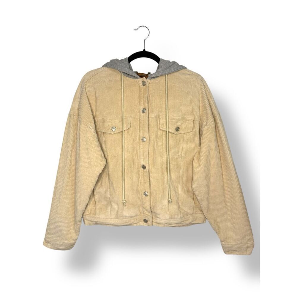 POL Women’s Medium Corduroy Trucker Jacket Cream Grey Hooded Cotton